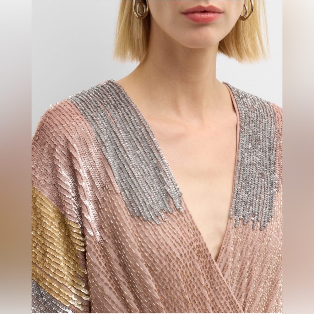 LIV FOSTER ❤️❤️ Luxurious Beaded Sequin Dolman Sleeve Faux-Wrap Dress size 6 NWT